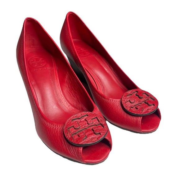 Tory Burch Shoes - Tory Burch Red Pebbled Leather Peep Toe Medallion Wedge Sandal Size 7